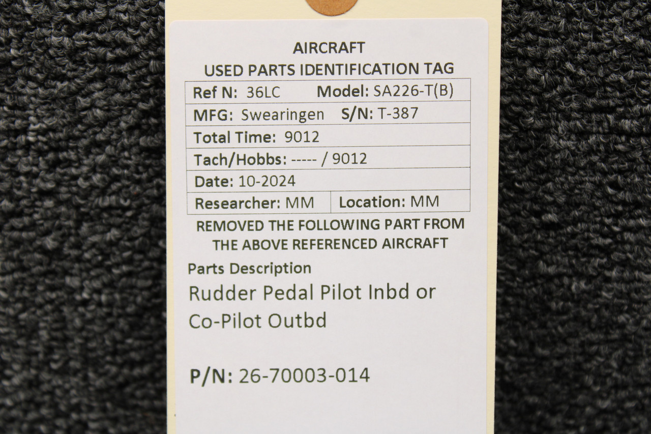 Inbd 26-70003-014 Swearingen SA226-T(B) Pilot Inbd or Co-Pilot Outbd Rudder ...