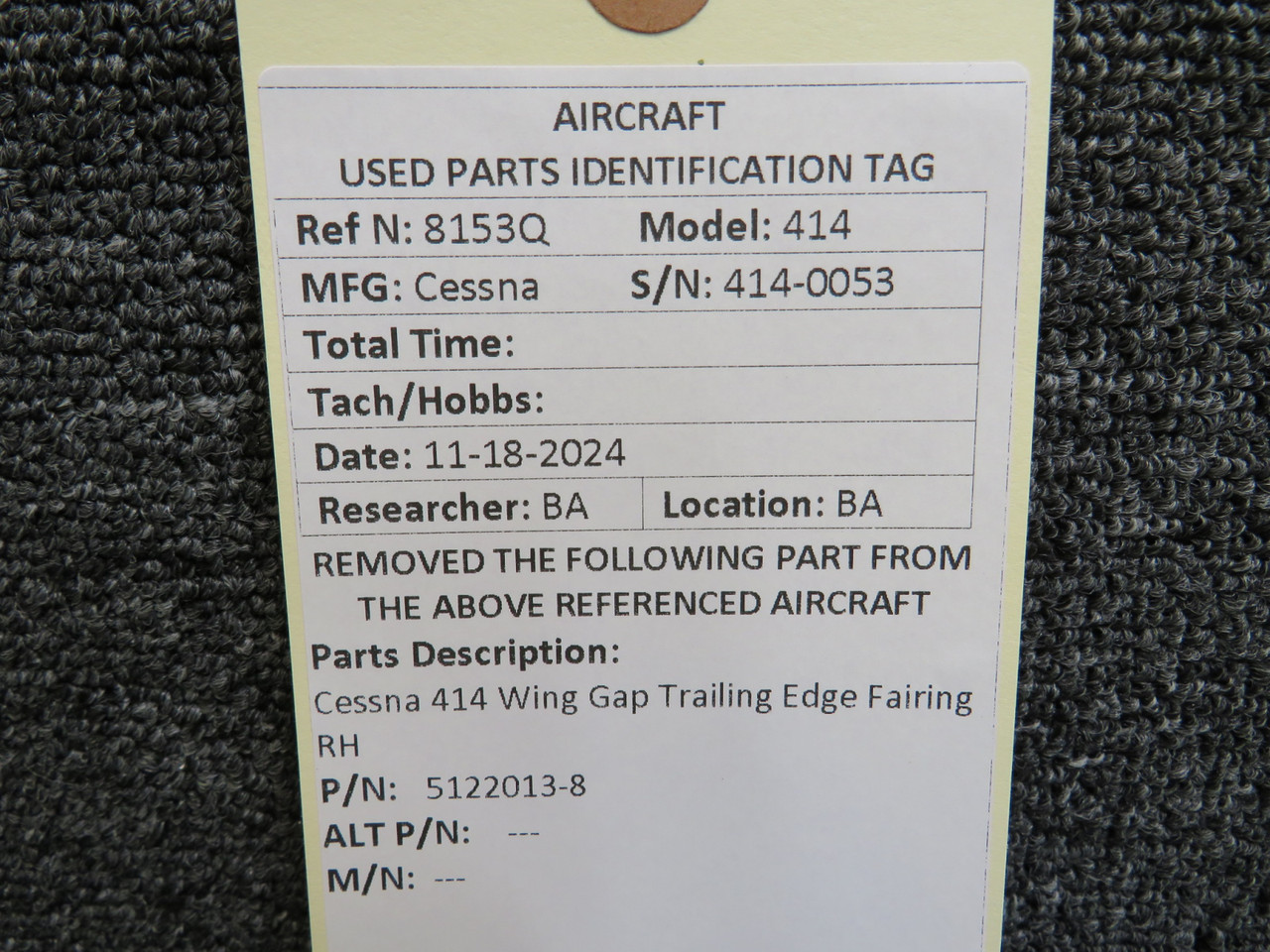 5122013-8 Cessna 414 Wing Gap Trailing Edge Fairing Right Hand