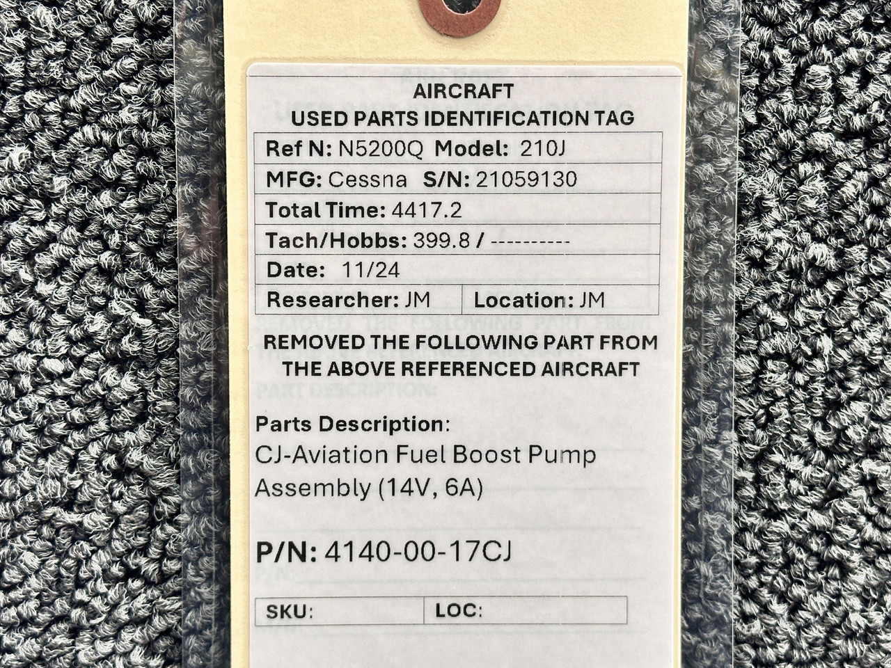 4140-00-17CJ CJ-Aviation Fuel Boost Pump Assembly (14 Volts, 6 Amps)
