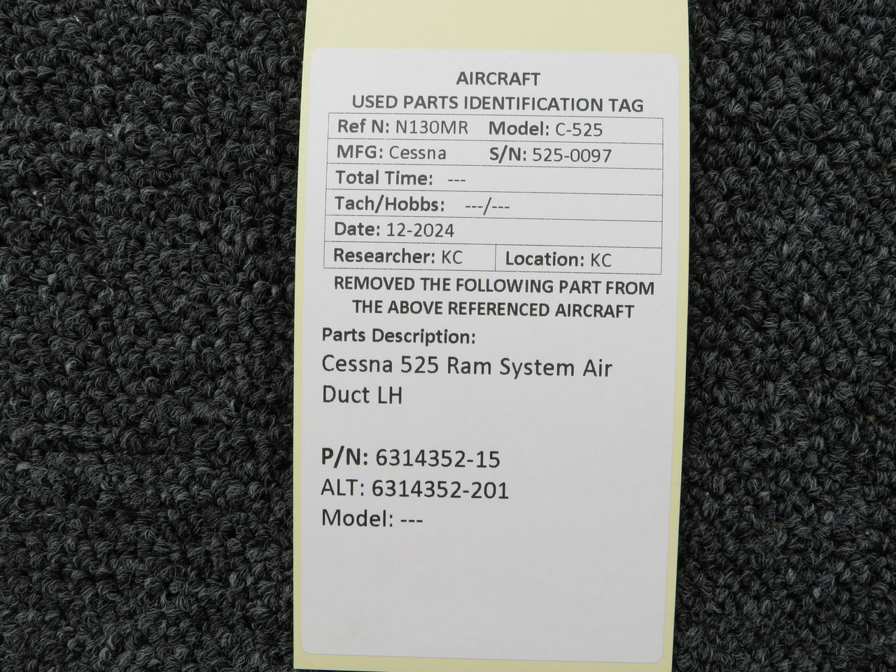 6314352-15 (Alt: 6314352-201) Cessna 525 Ram System Air Duct Left Hand