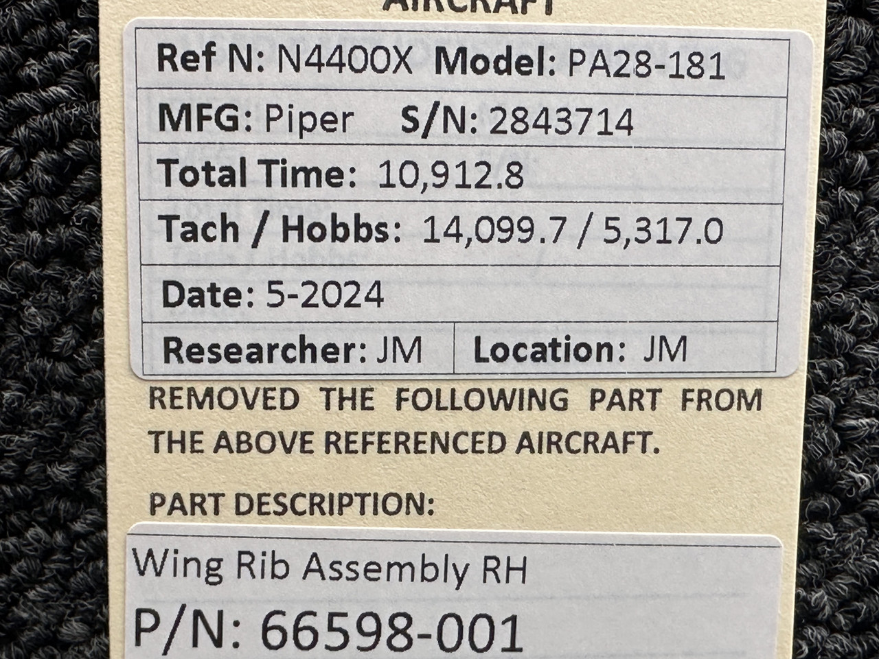 66598-001 Piper PA28-181 RH Wing Rib Assembly