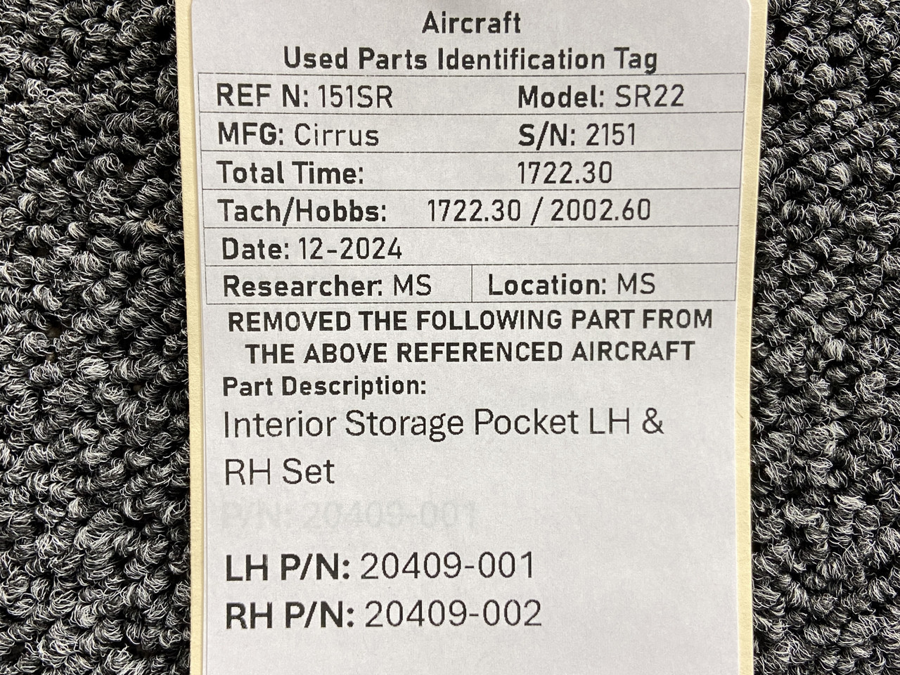 20409-001, 20409-002 Cirrus SR22 Interior Storage Pocket LH and RH