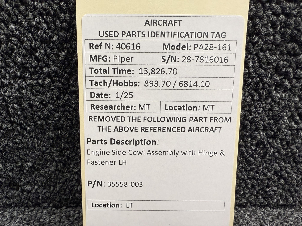 35558-003 Piper PA28-161 Engine Side Cowl Assembly with Hinge and