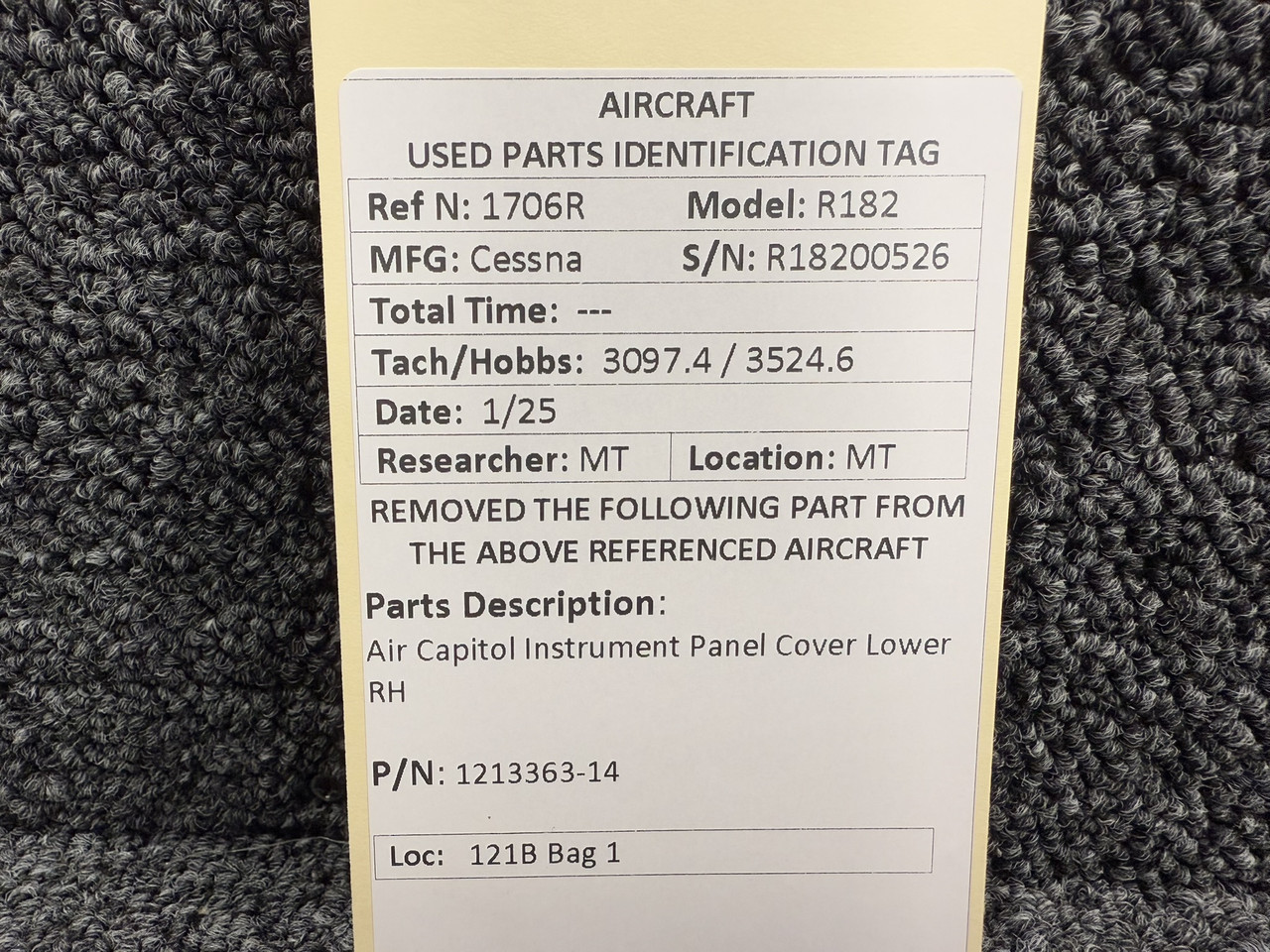 1213363-14 Cessna R182 Air Capitol Lower RH Instrument Panel Cover