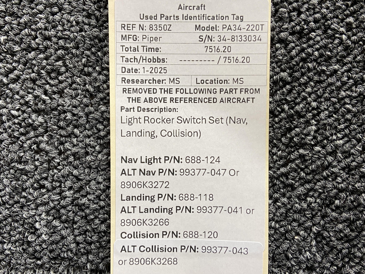 688-124, 688-118, 688-120 Piper PA34-220T Light Rocker Switch Set ...