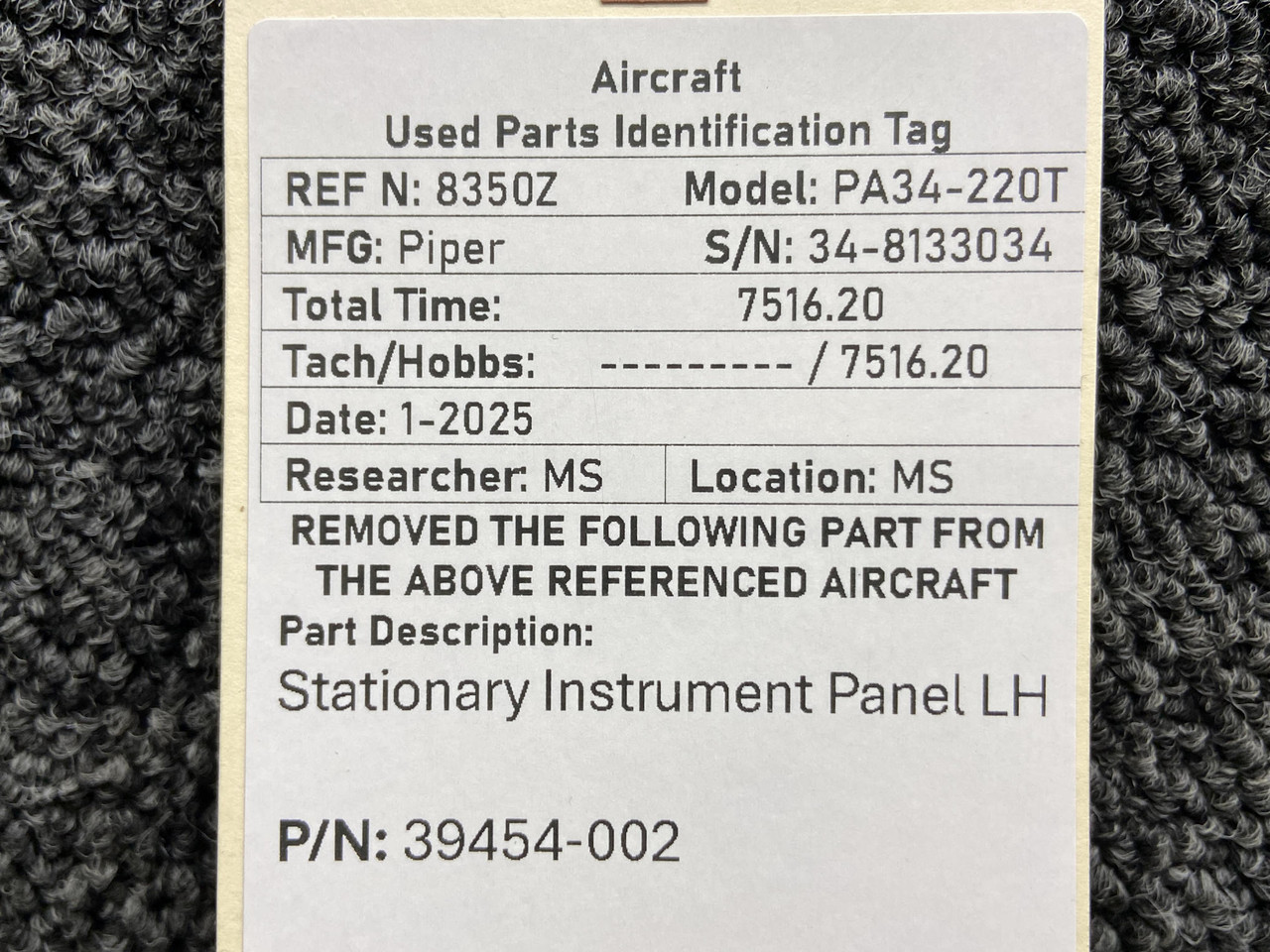 Ｐページ 39454-002 Piper PA34-220T Stationary Instrument Panel Assembly