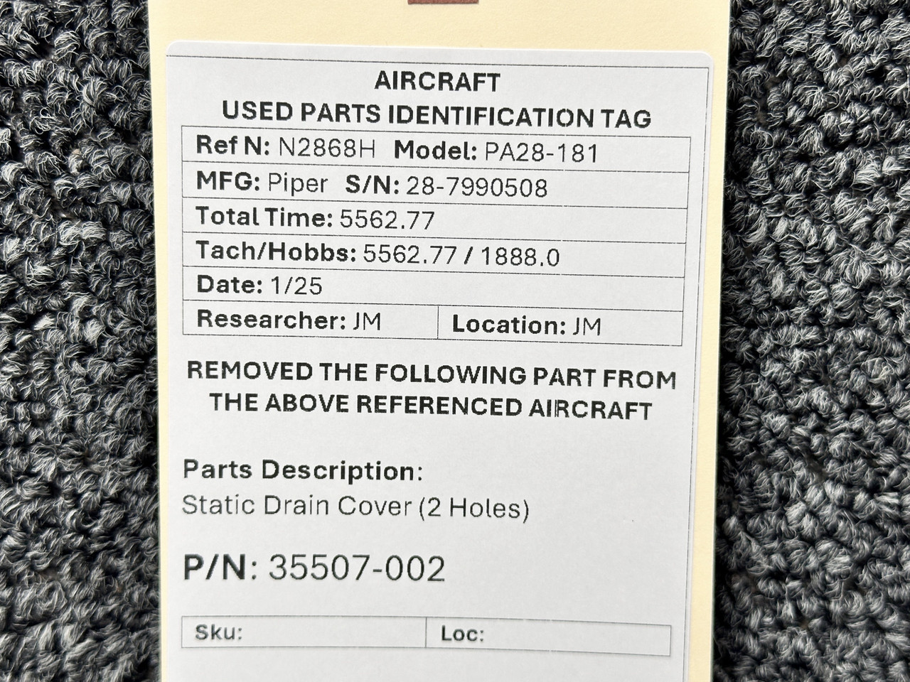 35507-002 Piper PA28-181 Static Drain Cover (2 Holes) For Sale