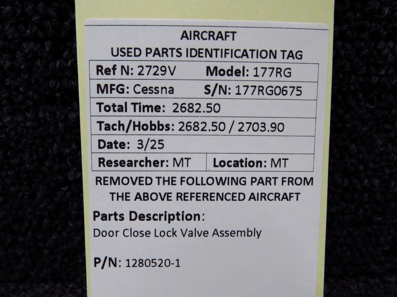 1280520-1 Cessna 177RG Door Close Lock Valve Assembly For Sale