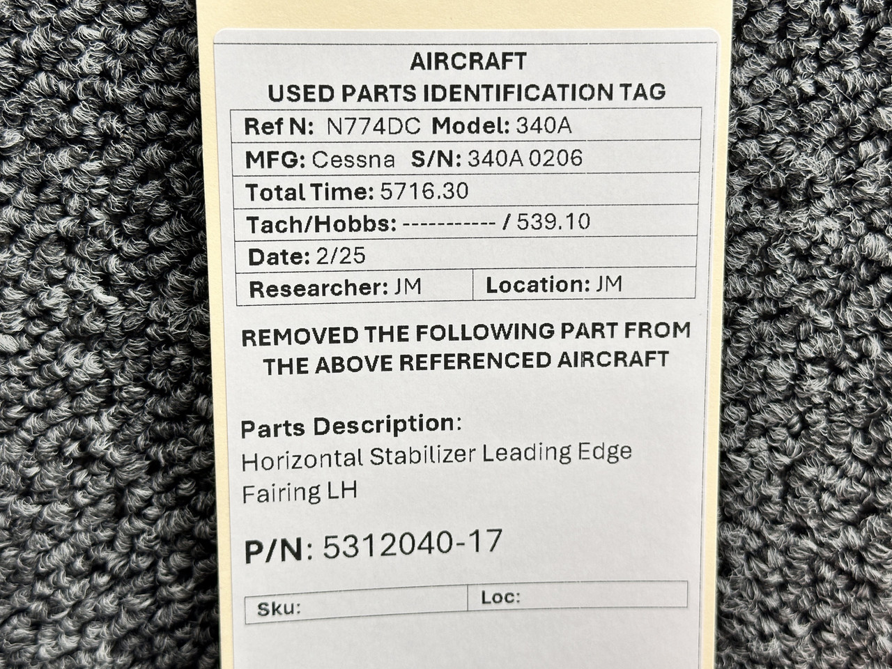 5312040-17 Cessna 340A Left Hand Horizontal Stabilizer Leading