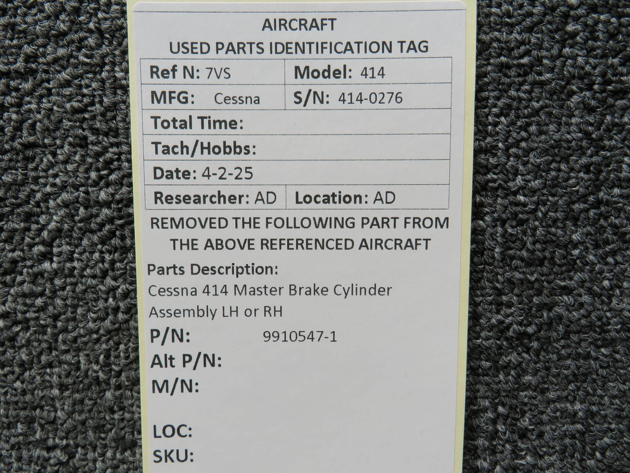 9910547-1 Cessna 414 Master Brake Cylinder Assembly RH or LH