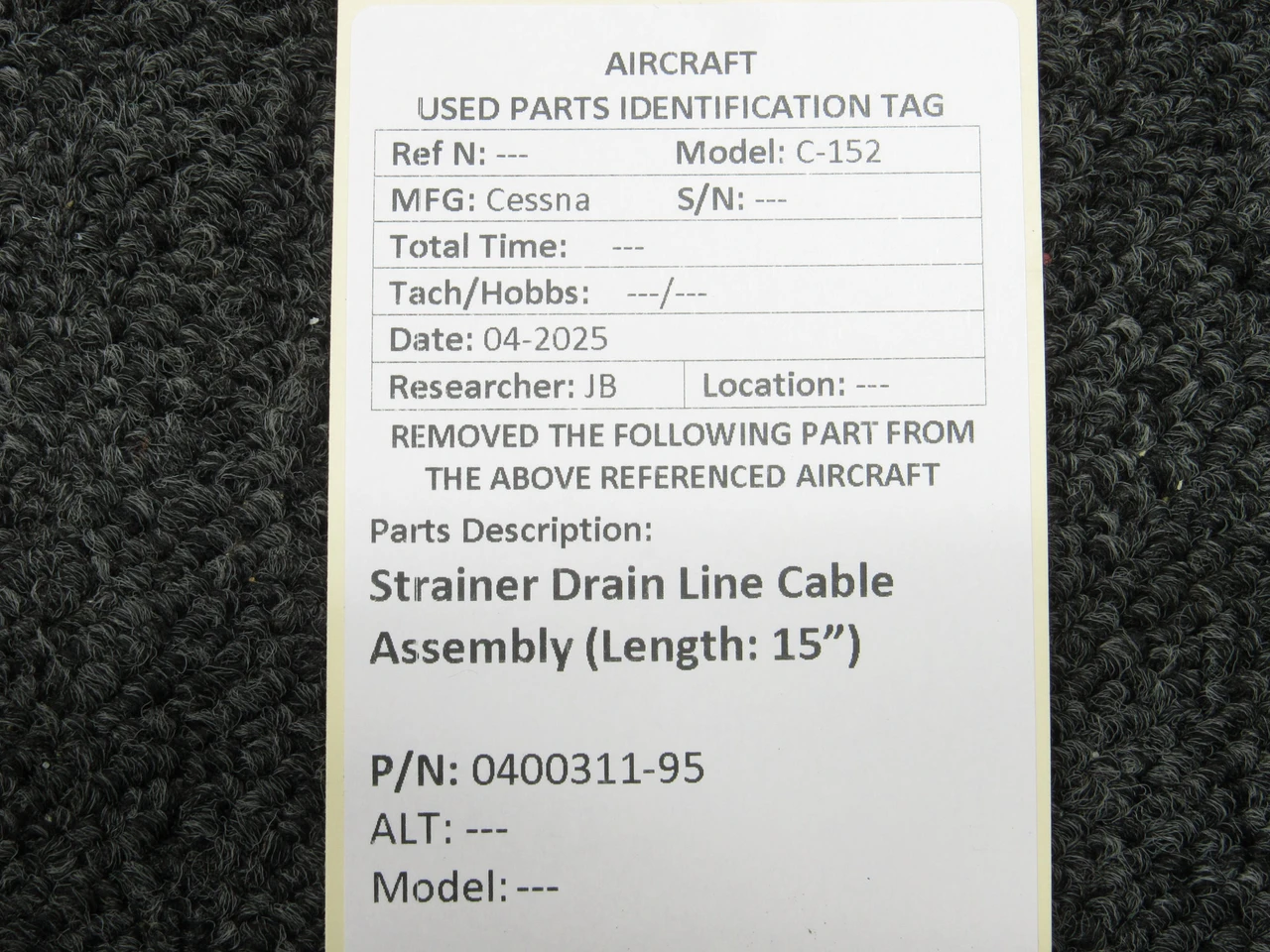 0400311-95 Cessna C-152 Strainer Drain Line Cable Assembly (Length: 15 ...