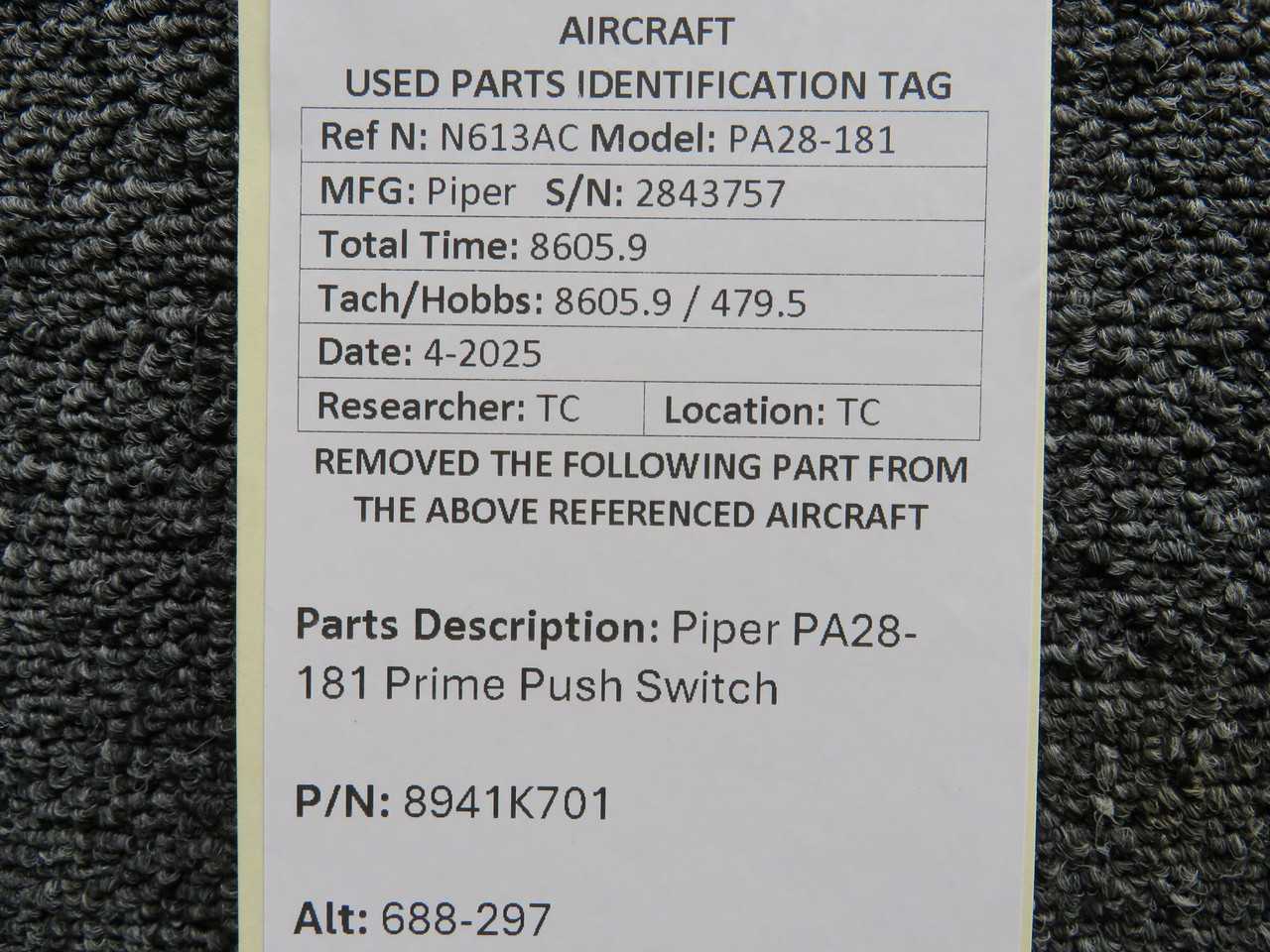 8941K701 (Alt: 688-297) Piper PA28-181 Prime Push Switch For Sale