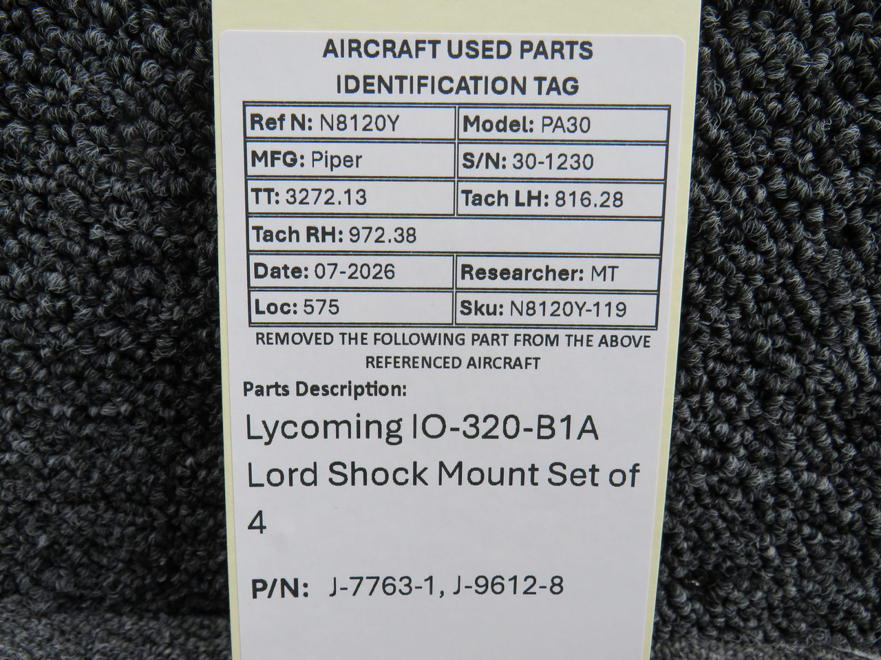 J-7763-1, J-9612-8 Lycoming IO-320-B1A Lord Shock Mount (Set of 4)