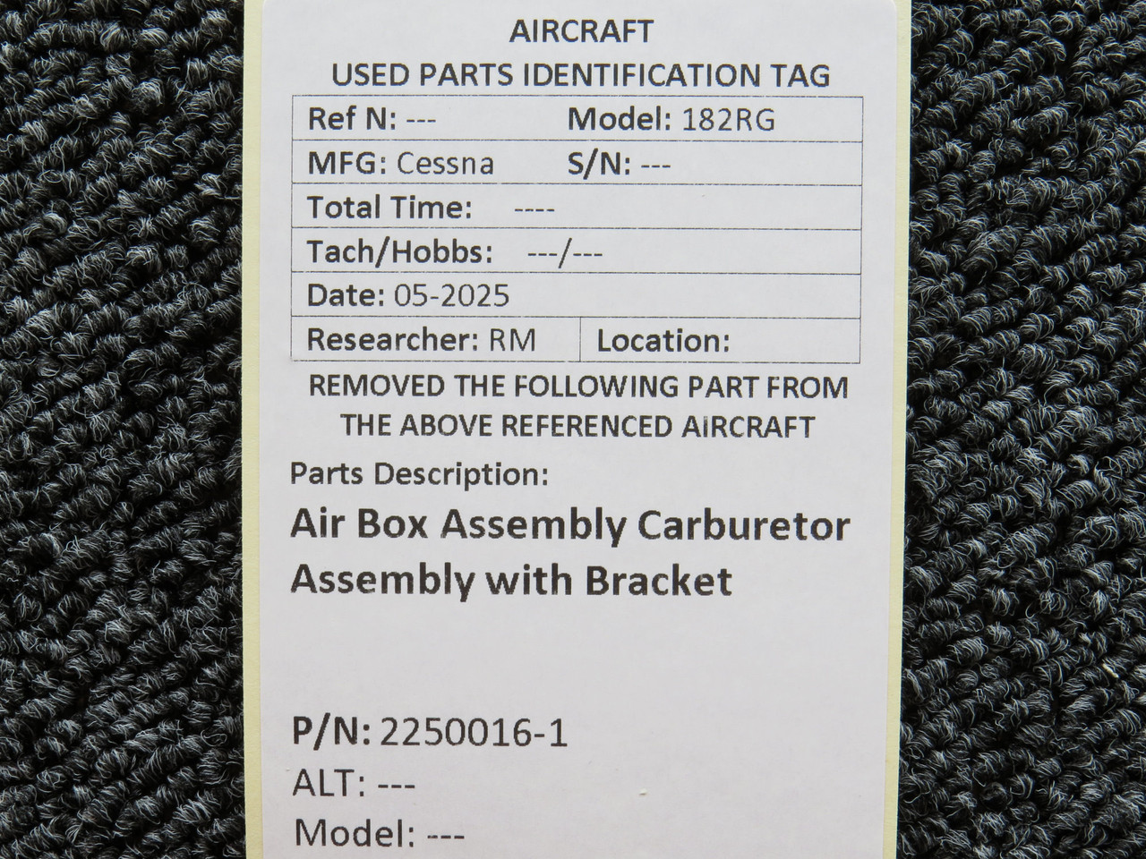 2250016-1 Cessna 182RG Air Box Assembly Carburetor Assembly with