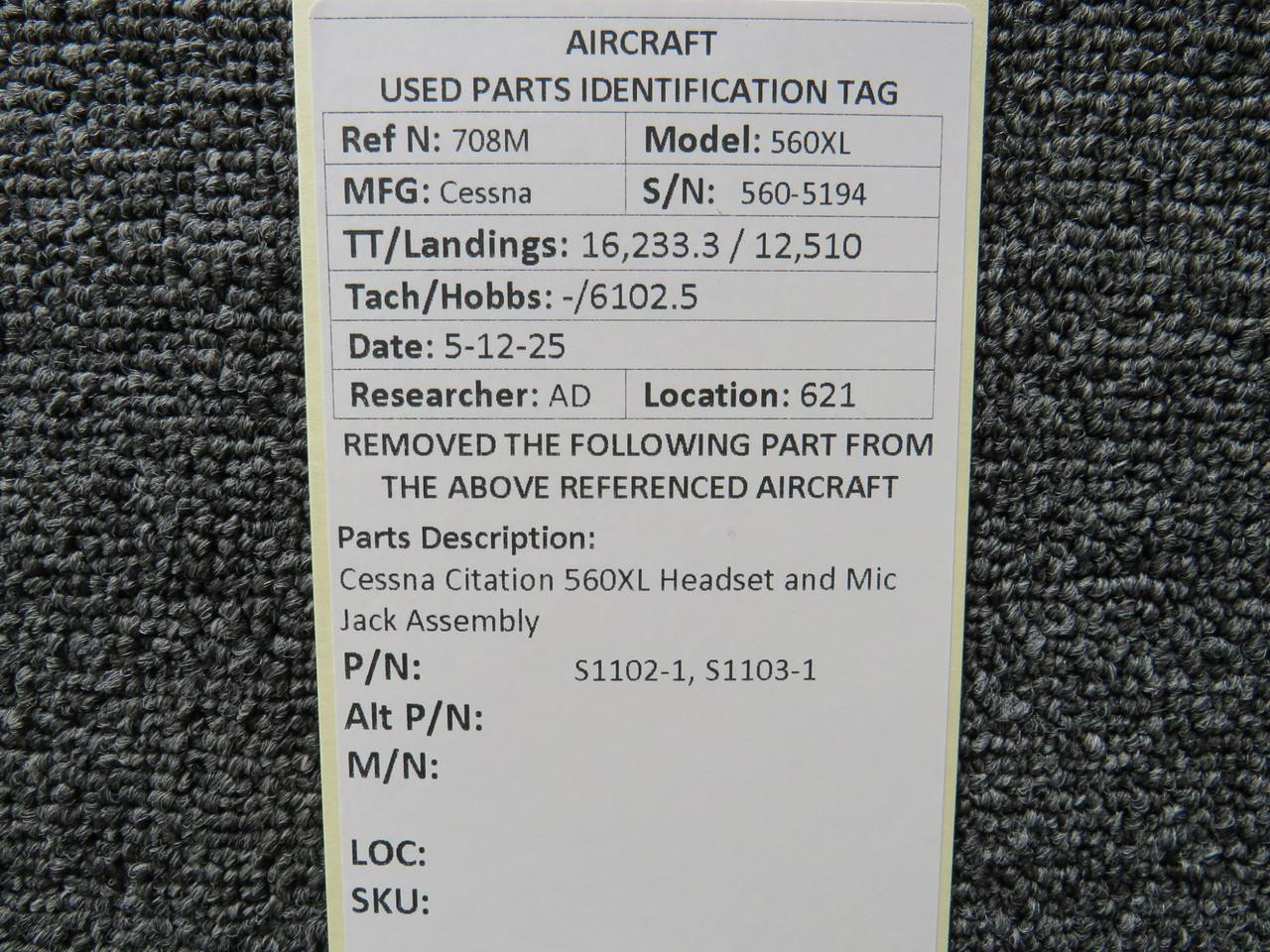 S1102-1, S1103-1 Cessna Citation 560XL Headset and Mic Jack