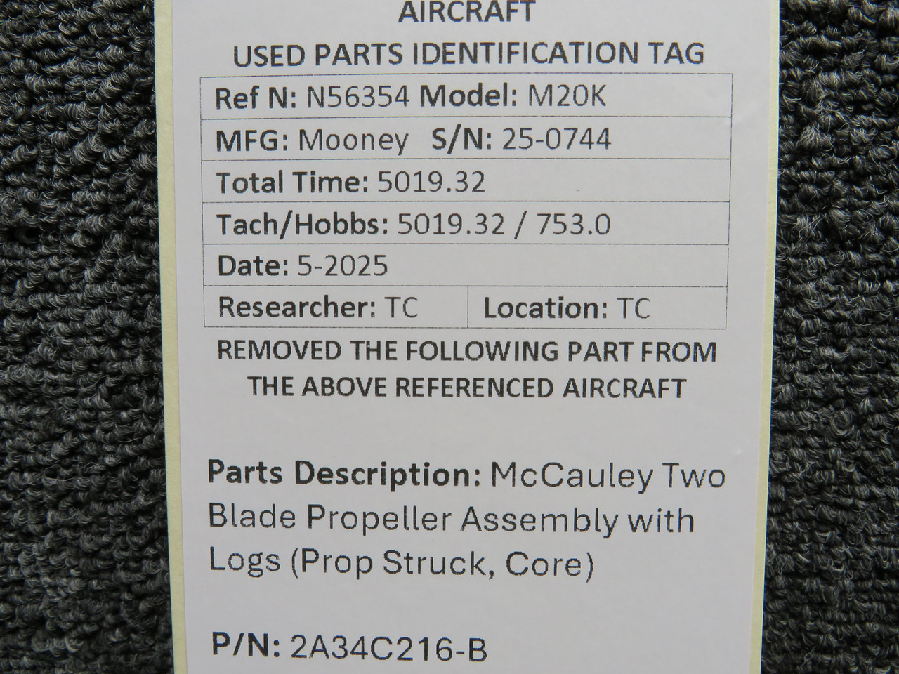 2A34C216-B McCauley Two Blade Propeller Assembly with Logs (Prop