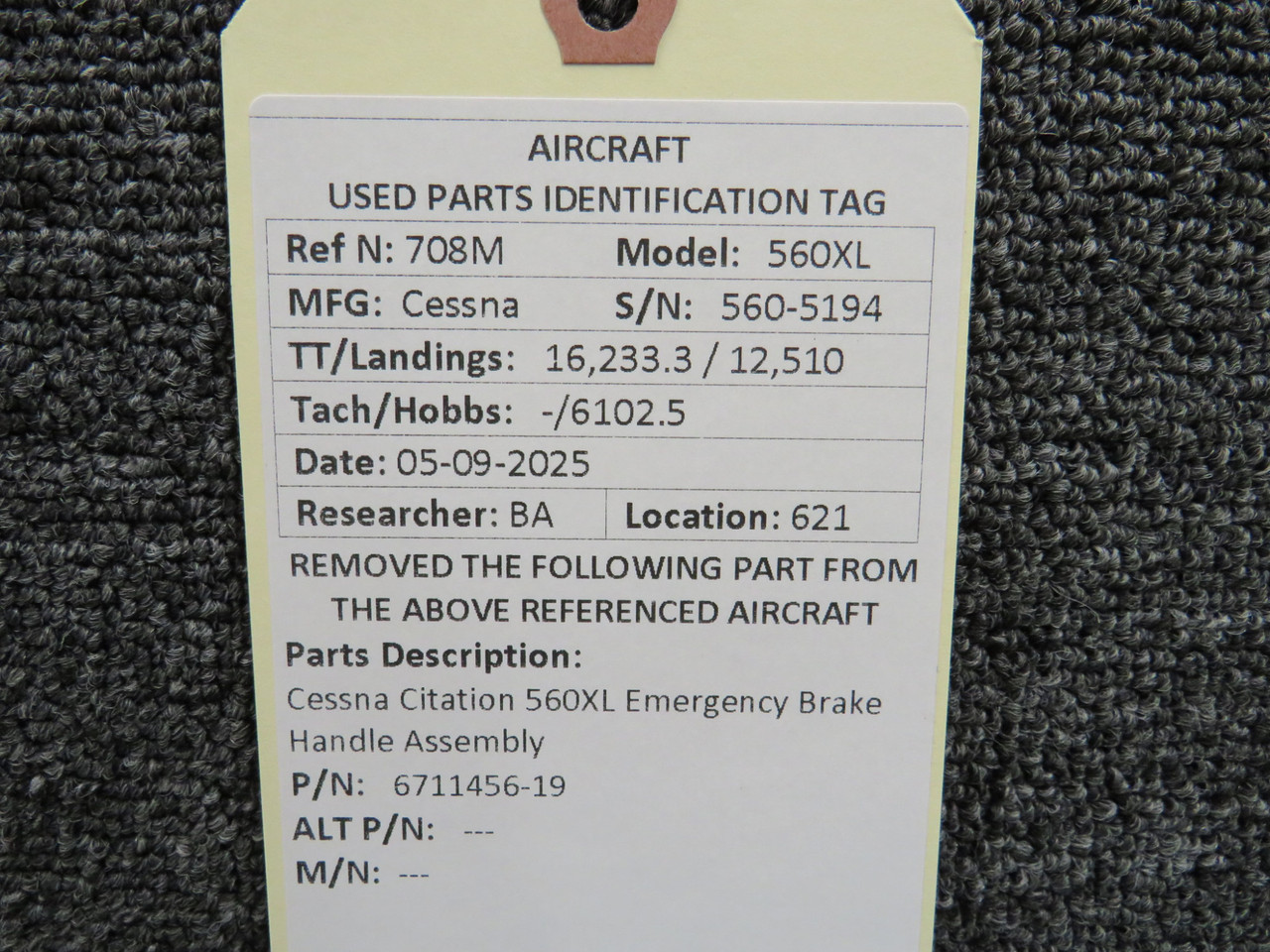 6711456-19 Cessna Citation 560XL Emergency Brake Handle Assembly