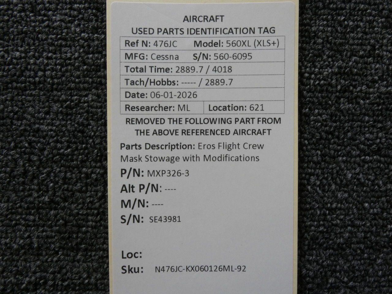 MXP326-3 Eros Flight Crew Mask Stowage with Modifications For Sale