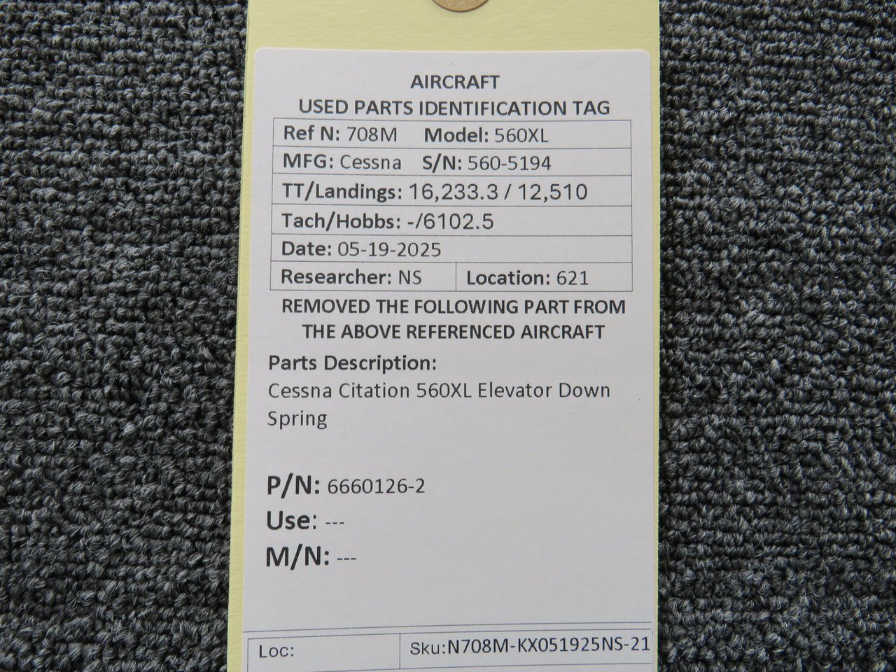6660126-2 Cessna Citation 560XL Elevator Down Spring For Sale