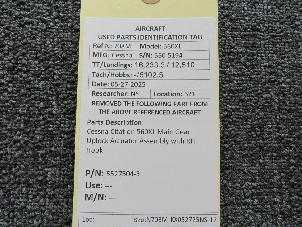 5527504-3 Cessna Citation 560XL Main Gear Uplock Actuator Assembly