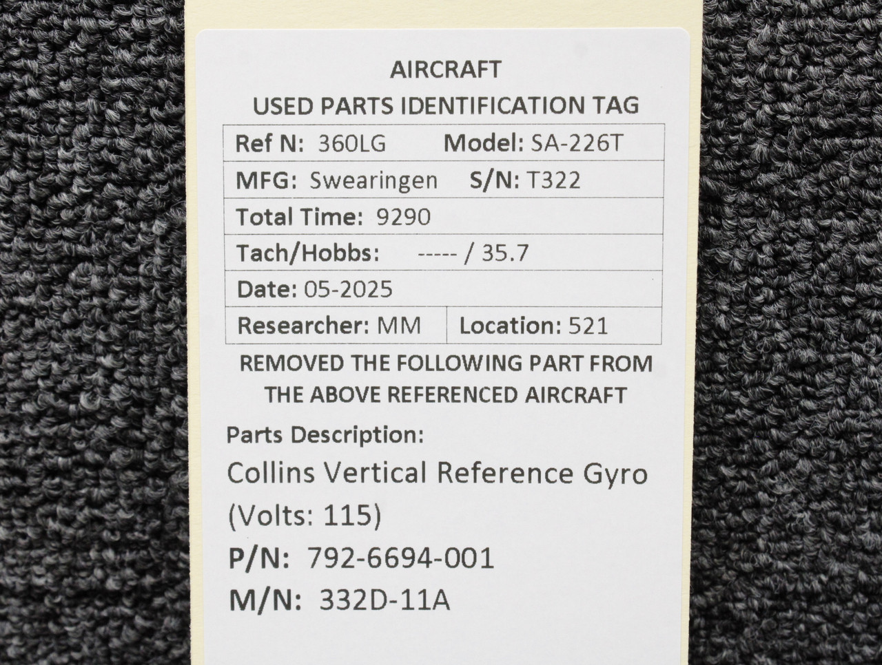 coto1タグ 792-6694-001 Collins 332D-11A Vertical Reference Gyro (Voltage: 115)