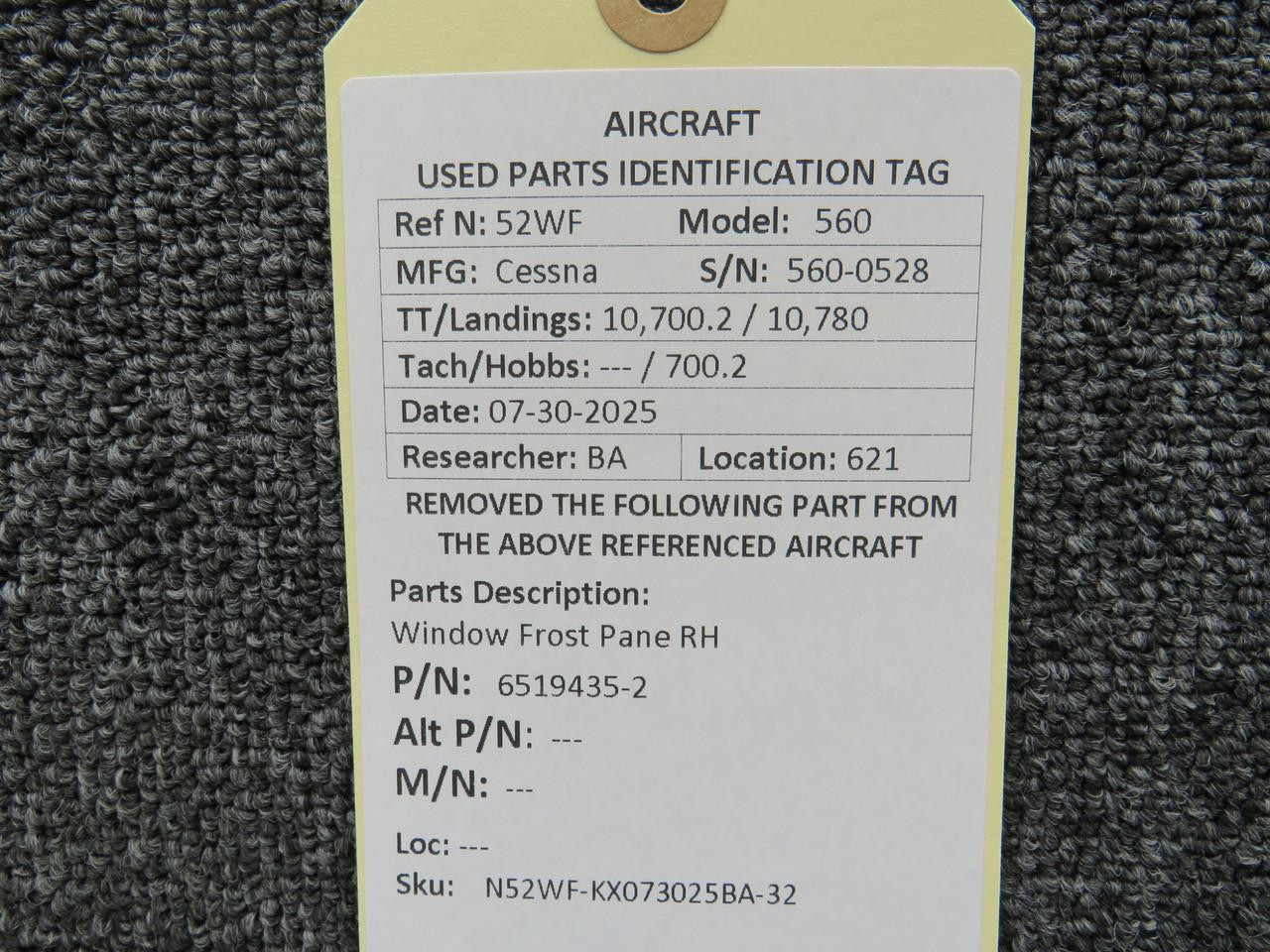 6519435-2 Cessna Citation 560 Window Frost Pane RH For Sale