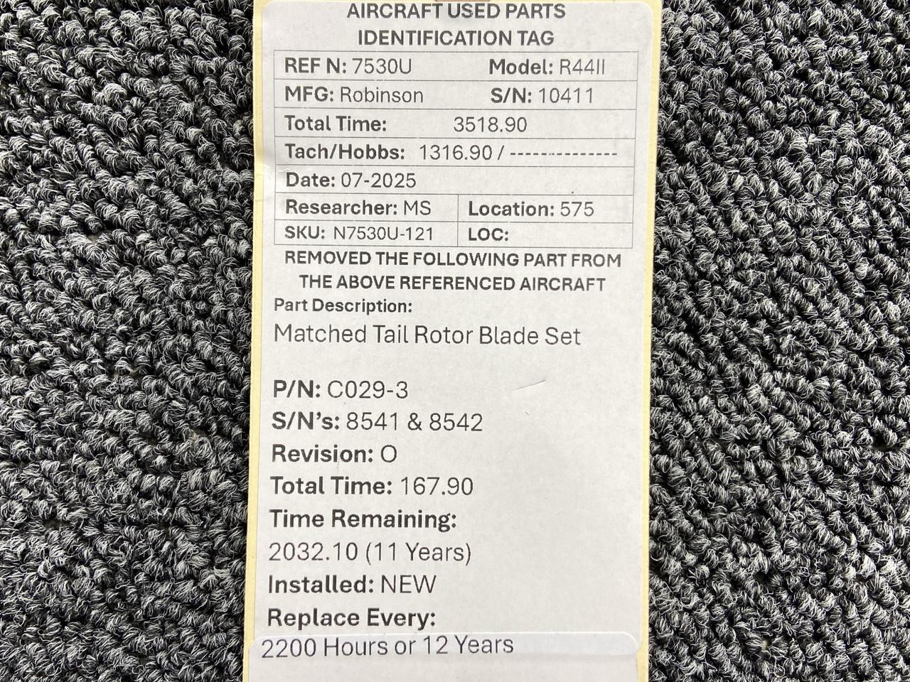 C029-3 Robinson R44II Tail Rotor Blade Assembly Set For Sale