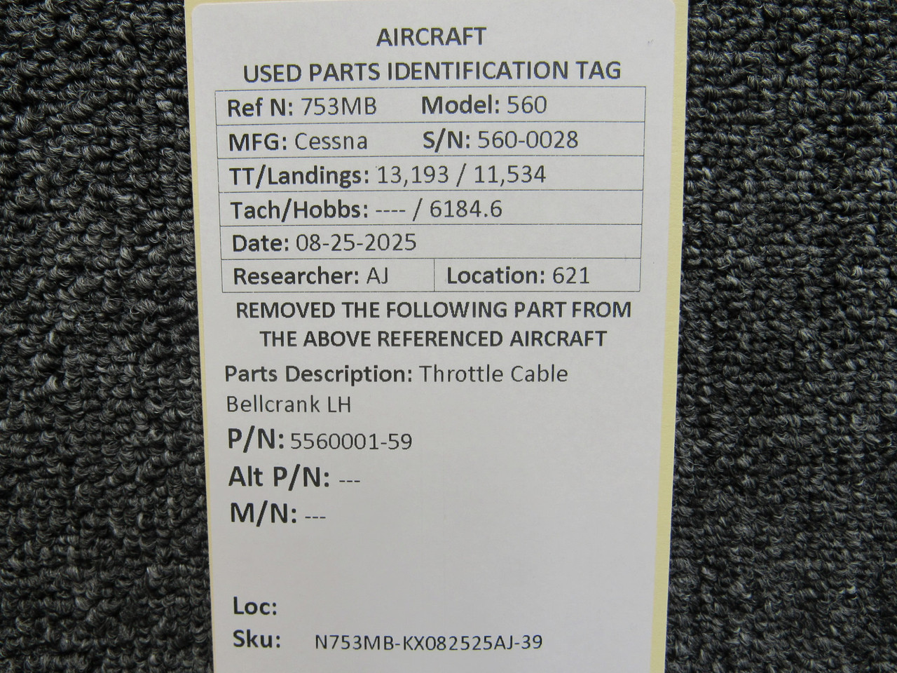 5560001-59 Cessna Citation 560 Throttle Cable Bellcrank LH For Sale