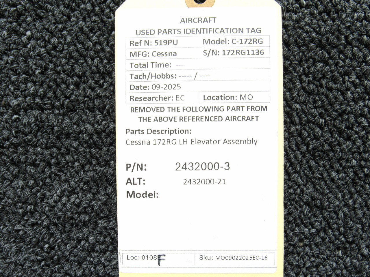 2432000-3 (Alt: 2432000-21) Cessna 172RG Left Hand Elevator Assembly