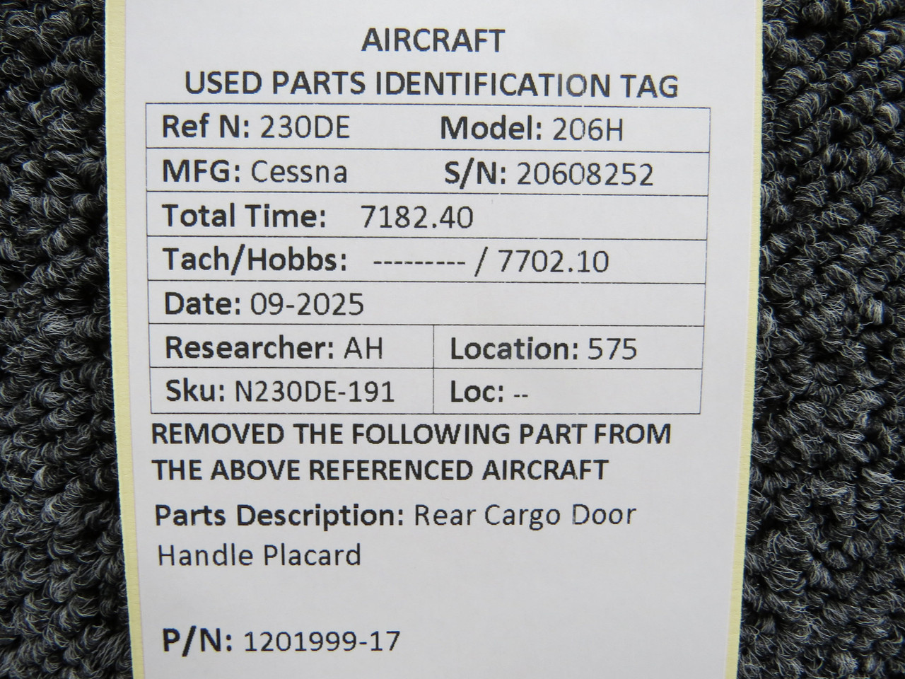 1201999-17 Cessna 206H Rear Cargo Door Handle Placard for Sale