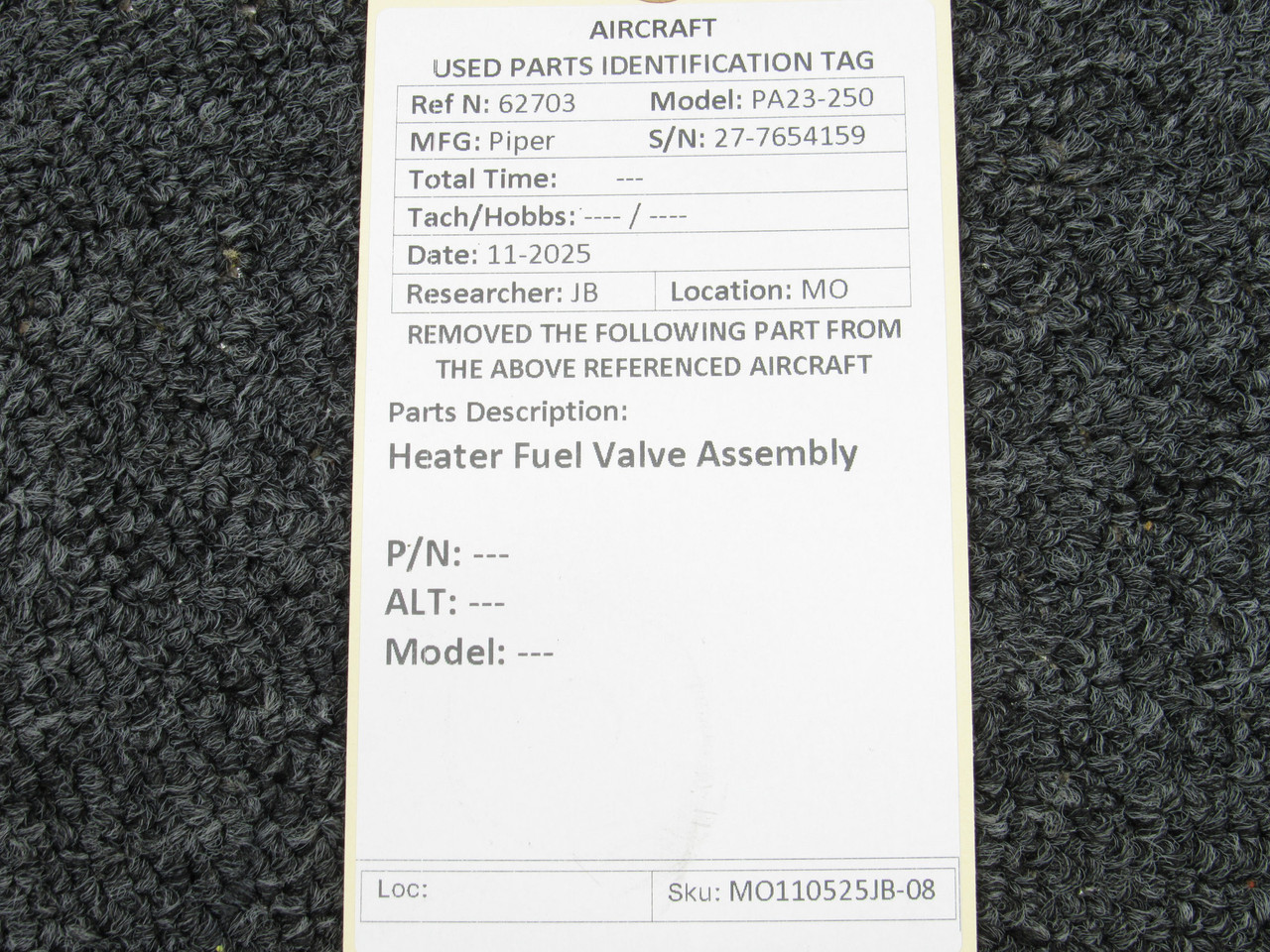 Piper PA23-250 Heater Fuel Valve