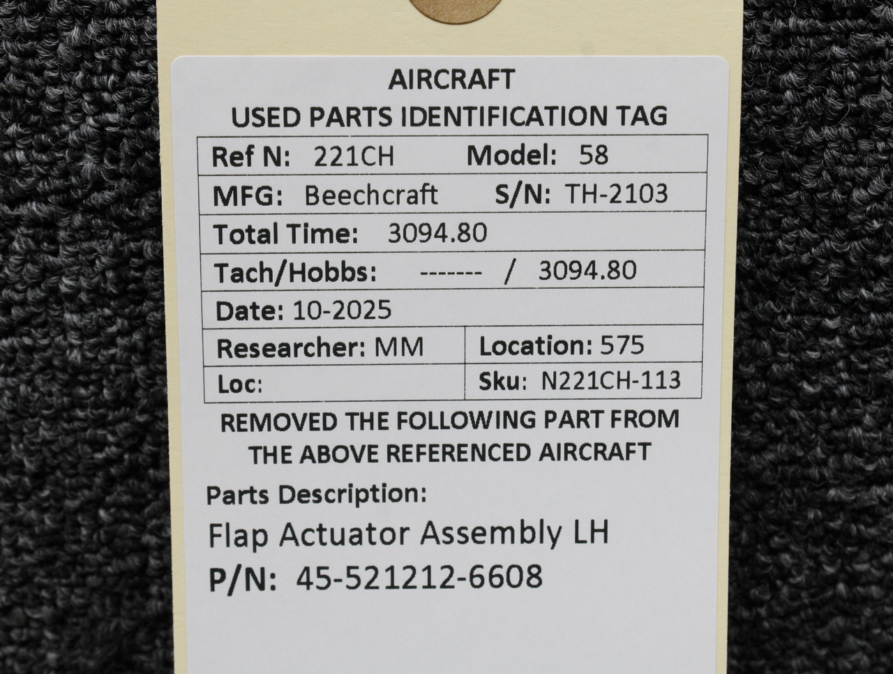 45-521212-6608 Beechcraft 58 LH Flap Actuator Assembly