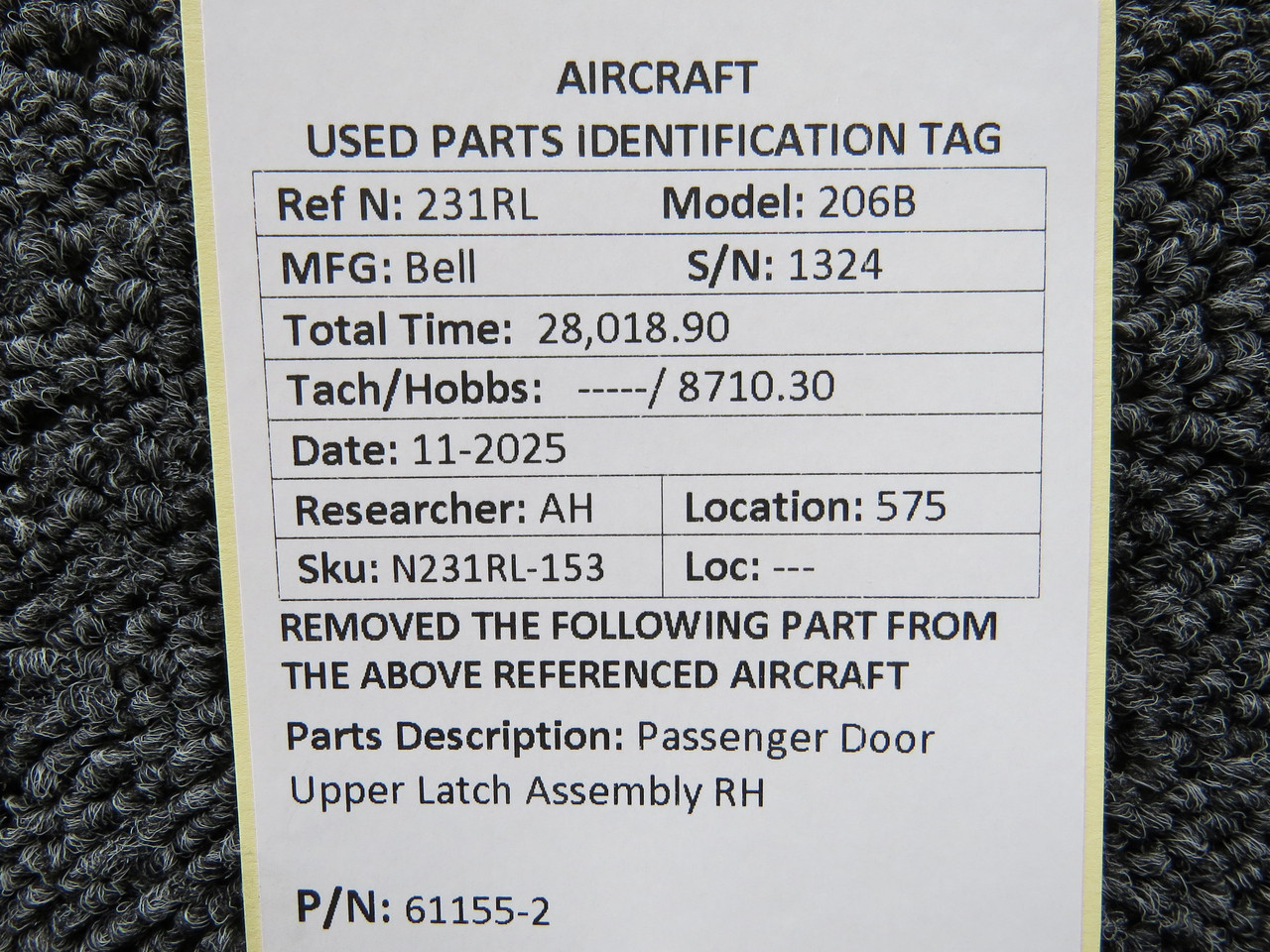 61155-2 Bell 206B RH Passenger Door Upper Latch Assembly