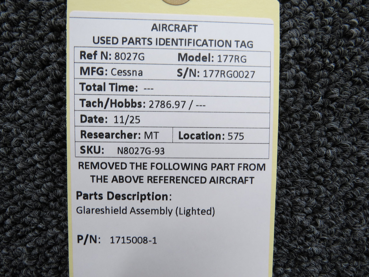 1715008-1 Cessna 177RG Lighted Glareshield Assembly