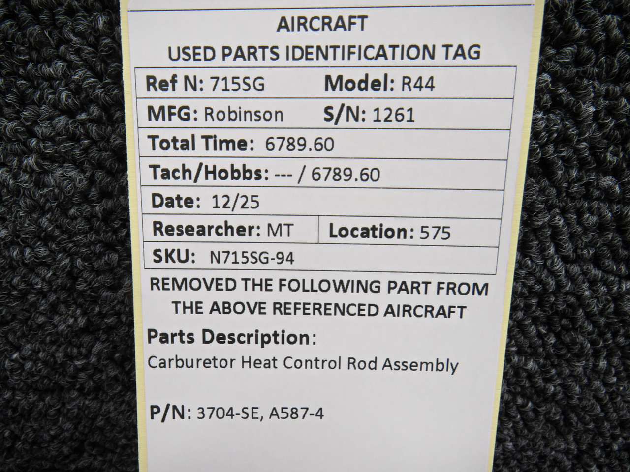 3704-SE, A587-4 Robinson R44 Carburetor Heat Control Rod with Knob