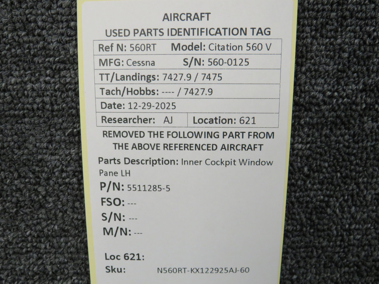 5511285-5 Cessna Citation 560 V Inner Cockpit Window Pane LH For Sale
