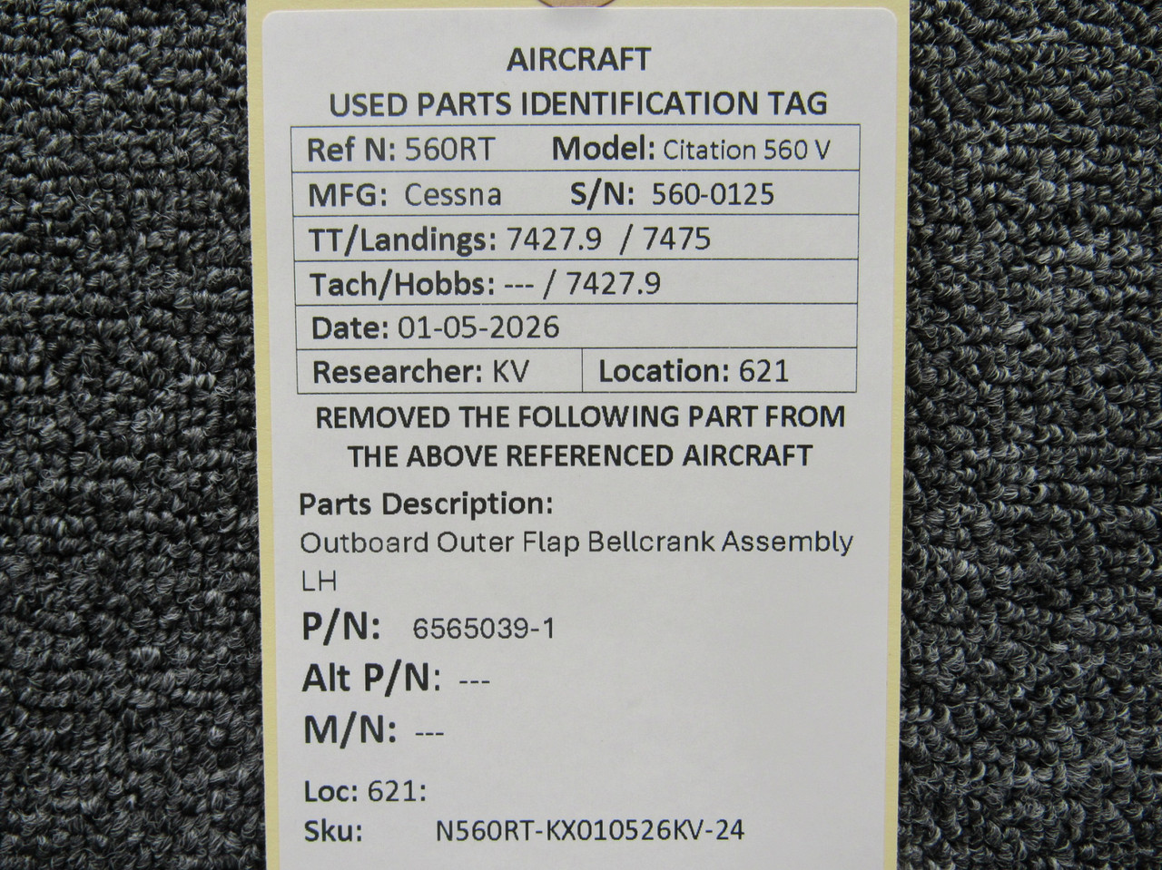 6565039-1 Cessna Citation 560 V Outboard Outer Flap Bellcrank