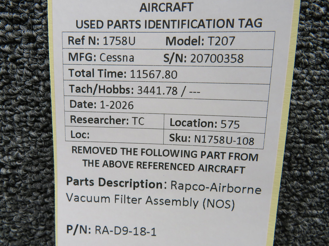 RA-D9-18-1 (Alt: 1J7-1) Rapco-Airborne Vacuum Filter Assembly (New