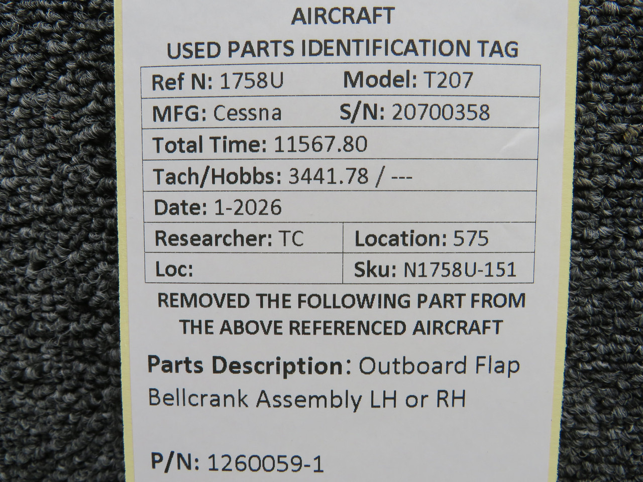 1260059-1 Cessna T207 LH or RH Outboard Flap Bellcrank Assembly
