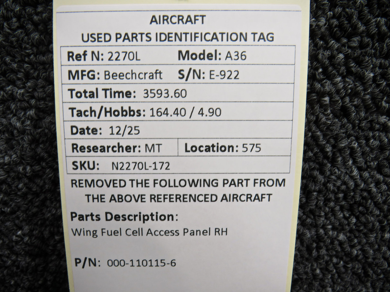 000-110115-6 Beechcraft A36 RH Wing Fuel Cell Access Panel
