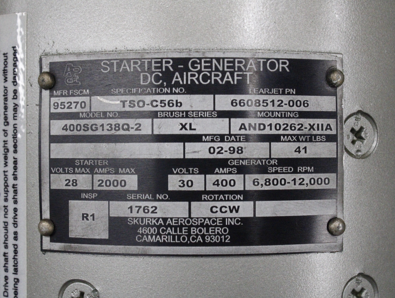 400SG138Q-2 (Alt: 6608512-006) Skurka DC Starter Generator