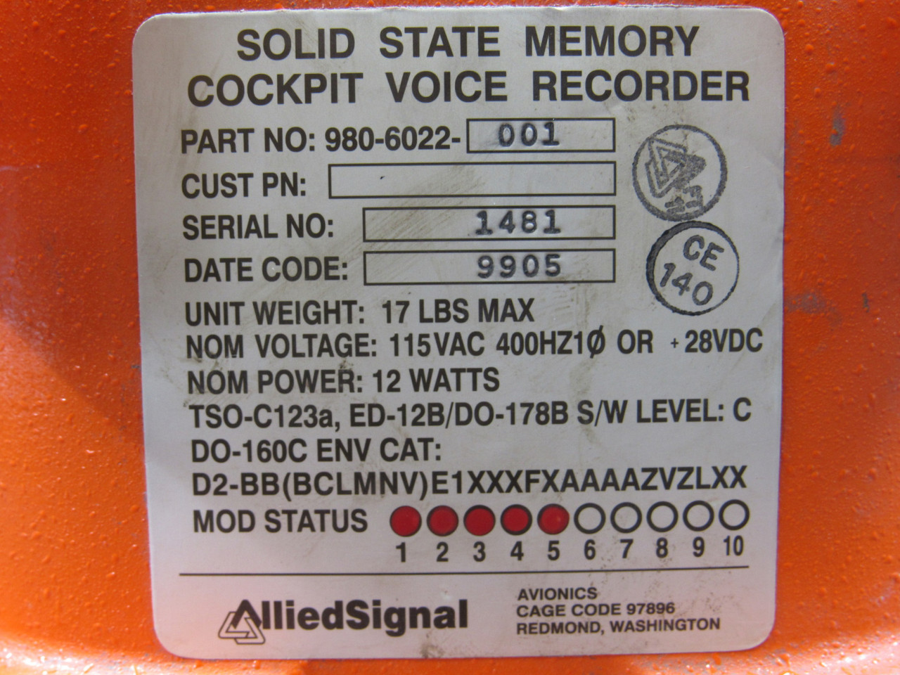980-6022-001 AlliedSignal Solid State Cockpit Voice Recorder with