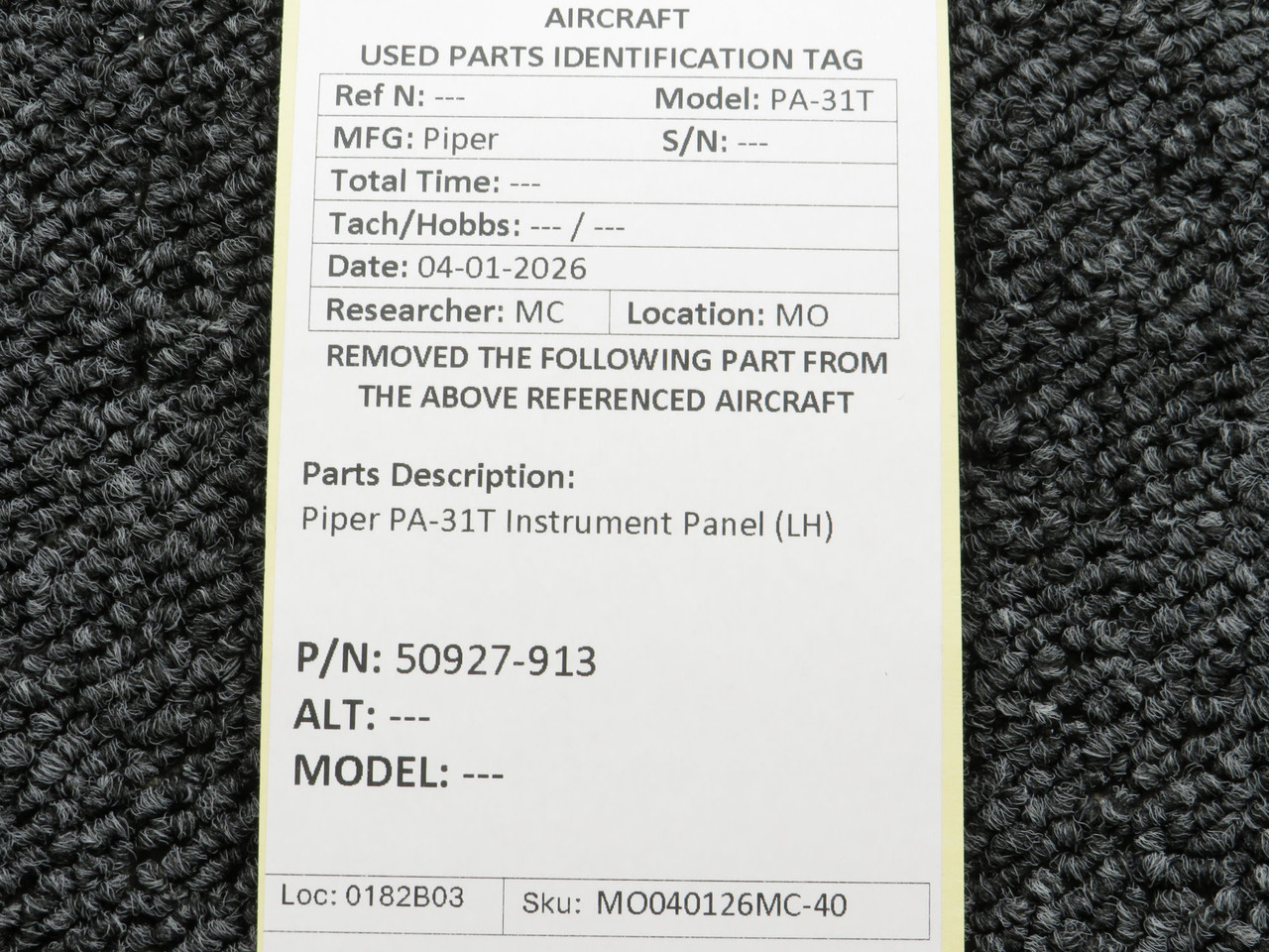 50927-913 Piper PA-31T Instrument Panel (LH) For Sale