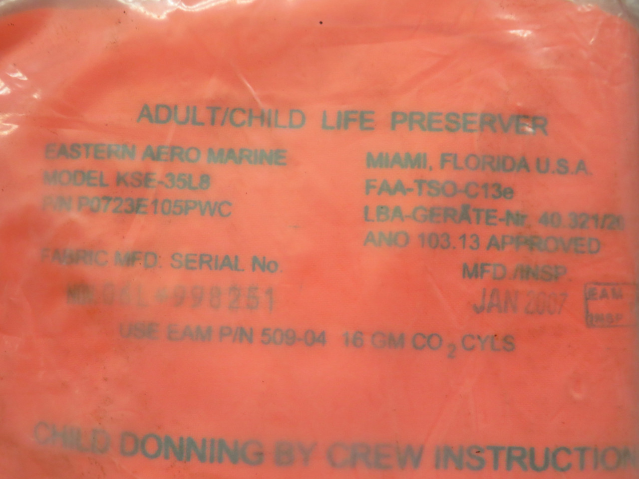 P0723E105PWC (Use: 509-04) Eastern Aero KSE-35L8 Adult-Child Life