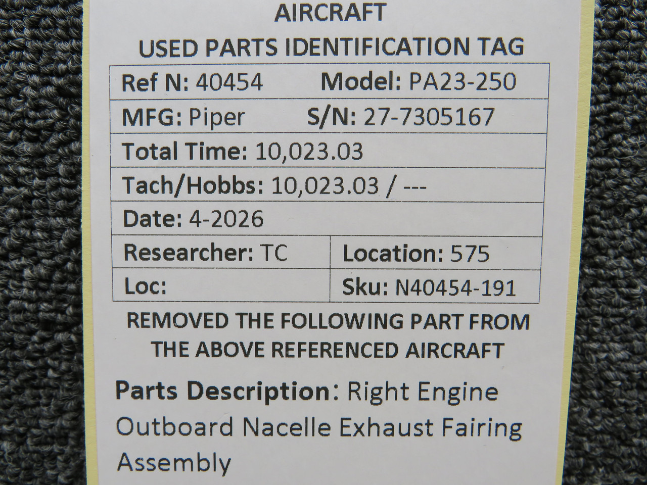Fairing Assembly Engine Piper PA23-250 Outboard Right Engine Nacelle Exhaust Fairing Assembly