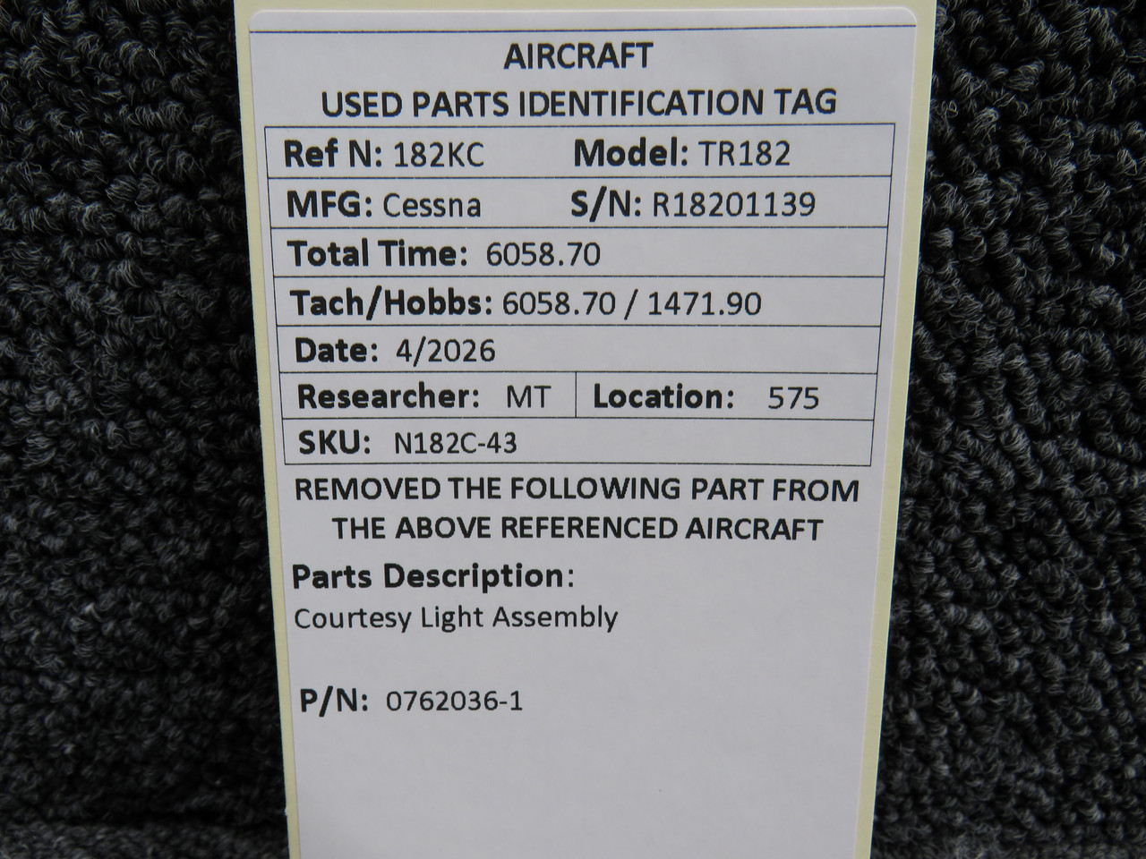 0762036-1 Cessna TR182 Courtesy Light Assembly For Sale