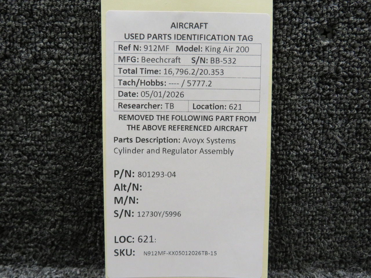 801293-04 Avox Systems Oxygen Cylinder Assy