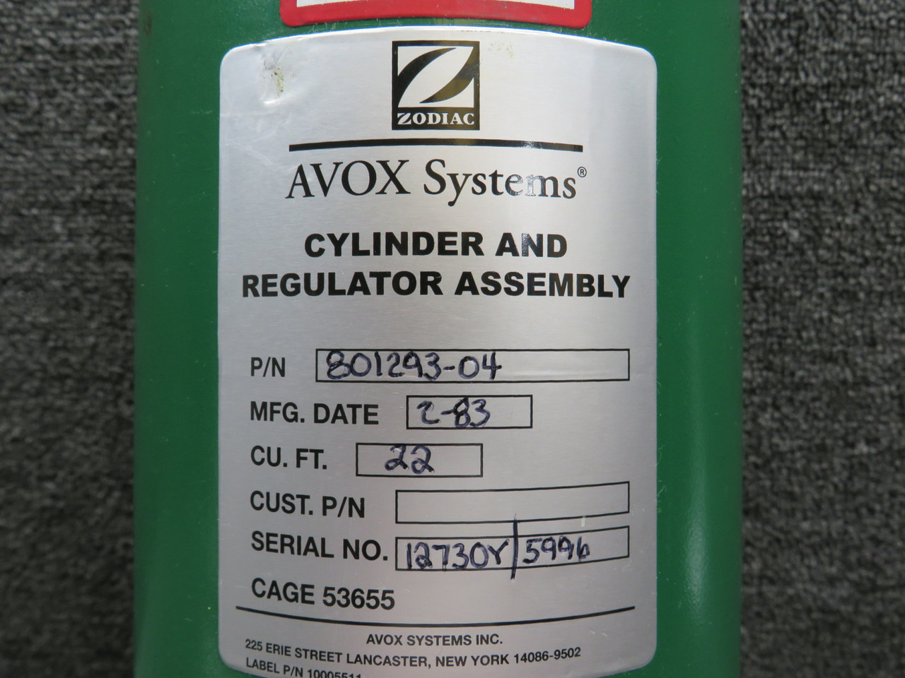 801293-04 Avox Systems Oxygen Cylinder Assy