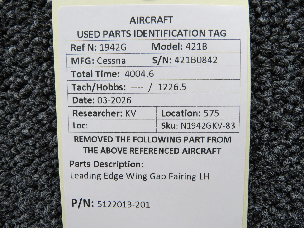 5122013-201 Cessna 421B LH Leading Edge Wing Gap Fairing