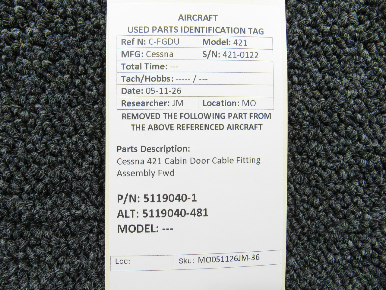 5119040-1 (Cast: 5119040-481) Cessna 421 Cabin Door Cable Fitting